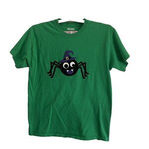 Gildan Halloween Green T-Shirt Black Spider Graphic Size L Short Sleeve